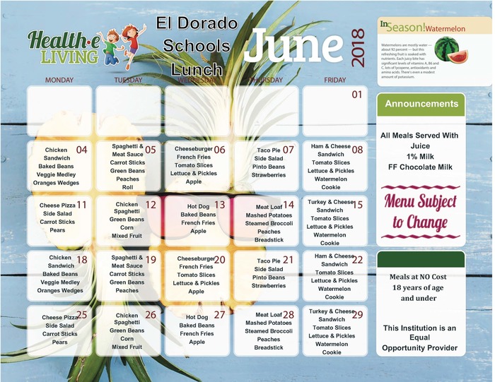 June Lunch Menu - calendar with each meal list on the day; pineapples in the background